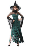 Halloween Women's Costume Green Tassel Witch Cosplay Dress Outfit